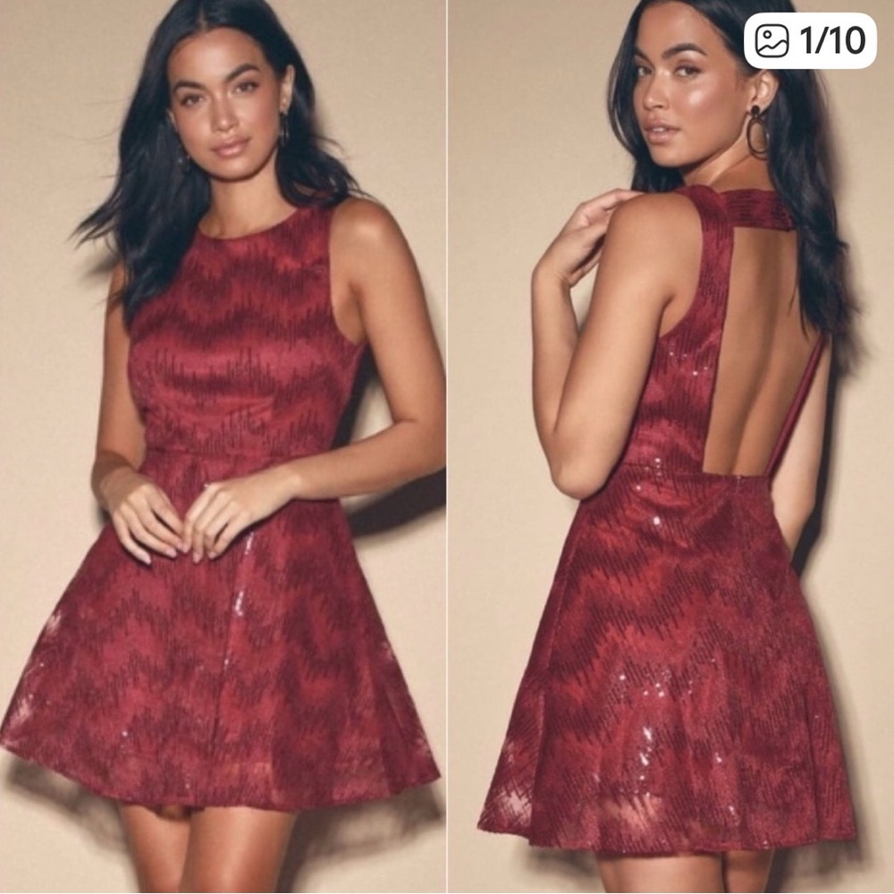 Lulu’s Flirty Sequin Chevron Backless Skater Dress